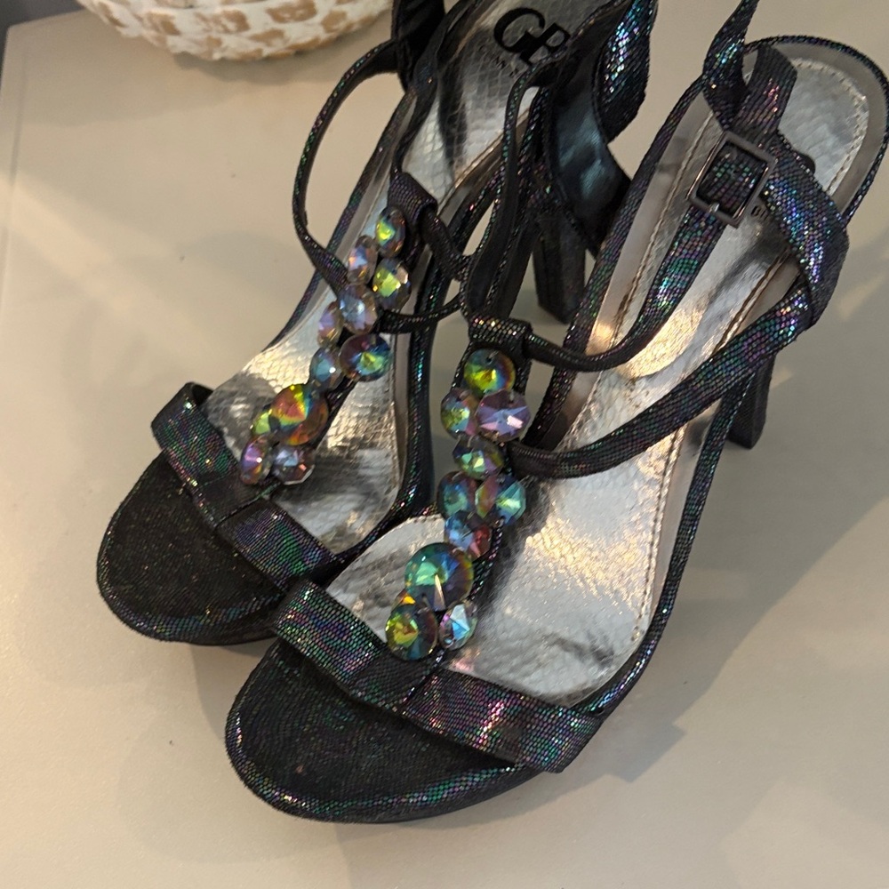 Gianni Bini Black Iridescent Jeweled T-Strap Heels